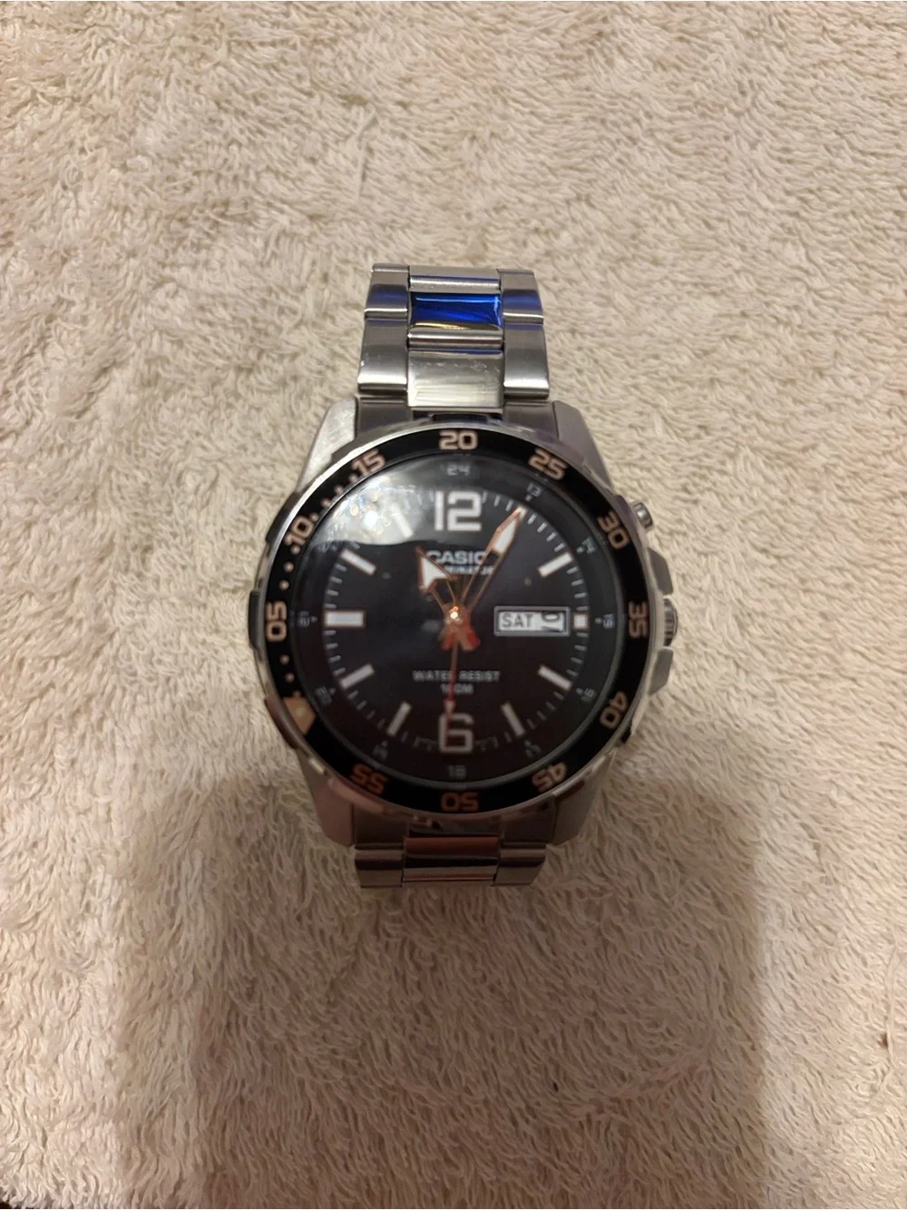 Casio Men's Black Dial Silver Stainless Steel Watch with Orange Accents